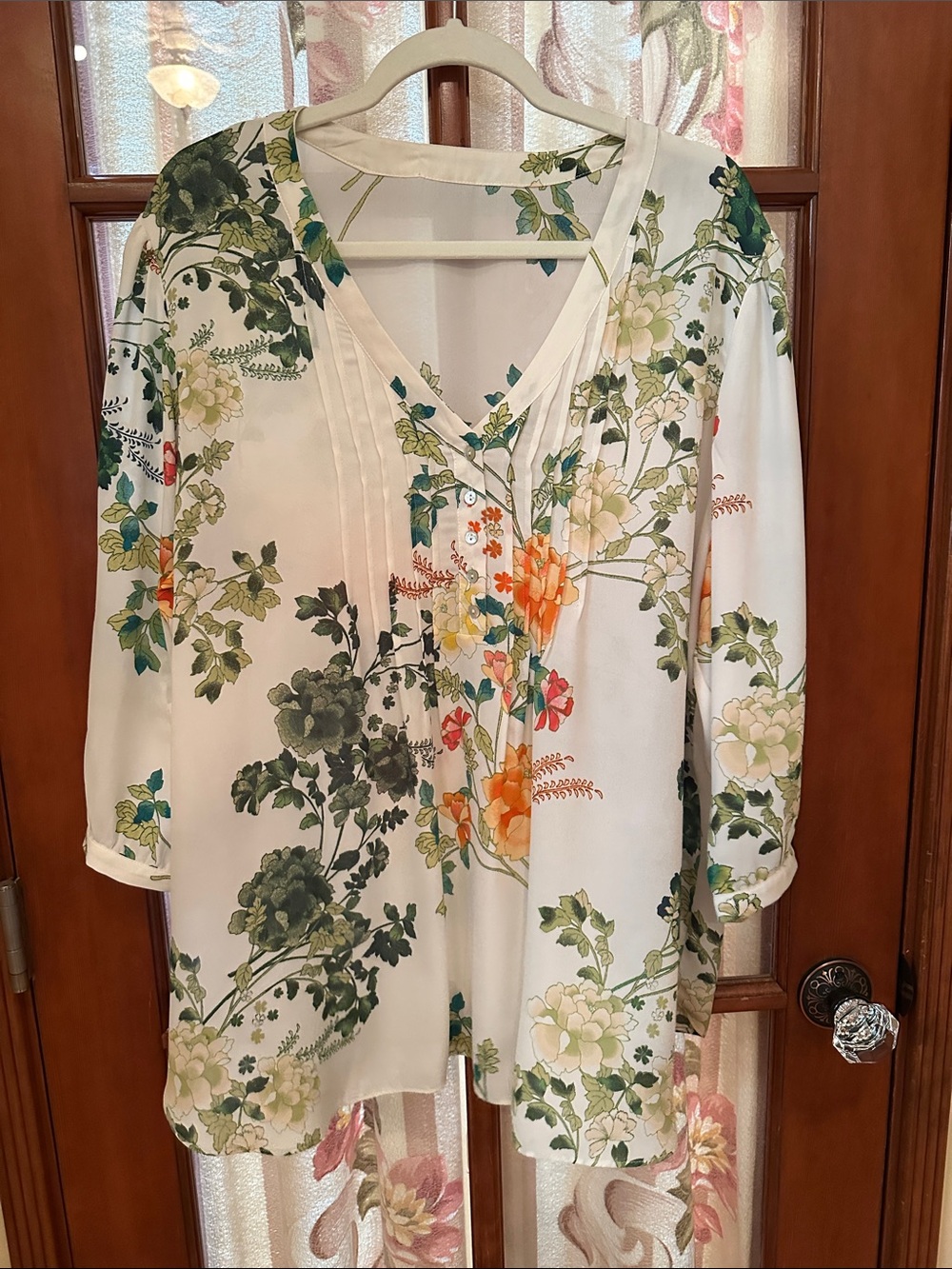Floral Botanical Pintuck Blouse with Ivy and Geraniums Print